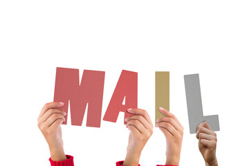 Digital png illustration of hands with mail text on transparent background