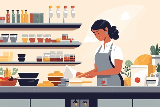 dedicated food shop employee in action. Show them behind the counter, skillfully preparing delicious dishes.Generated with AI