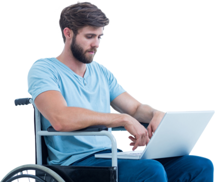 Digital png photo of caucasian man sitting in wheelchair using laptop on transparent background