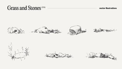 High detail hand drawn vector illustration of grass and stones, realistic drawing, sketch - 639757800