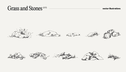 High detail hand drawn vector illustration of grass and stones, realistic drawing, sketch - 639757811