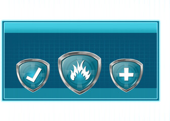 Digital png illustration of shields with fire and shapes on blue and transparent background