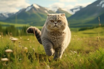 Obraz premium Scottish cat gray hair in the wild and mountain background. Generative AI