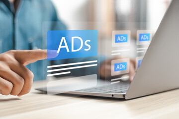 Websites with inbound ads to optimize click through rates. Digital marketing and online advertising to targeted customers. Shooting ads on cross-feeds to optimize customer engagement - obrazy, fototapety, plakaty