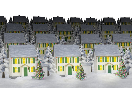 Digital png illustration of houses covered with snow on transparent background