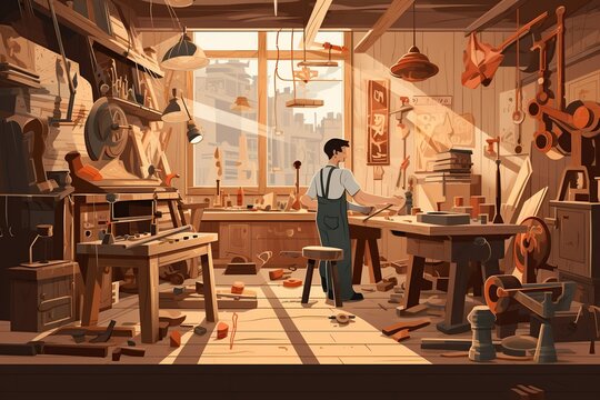 A skilled carpenter meticulously crafting a wooden masterpiece in their workshop, surrounded by tools, sawdust, and the aroma of freshly cut wood,Generated with AI