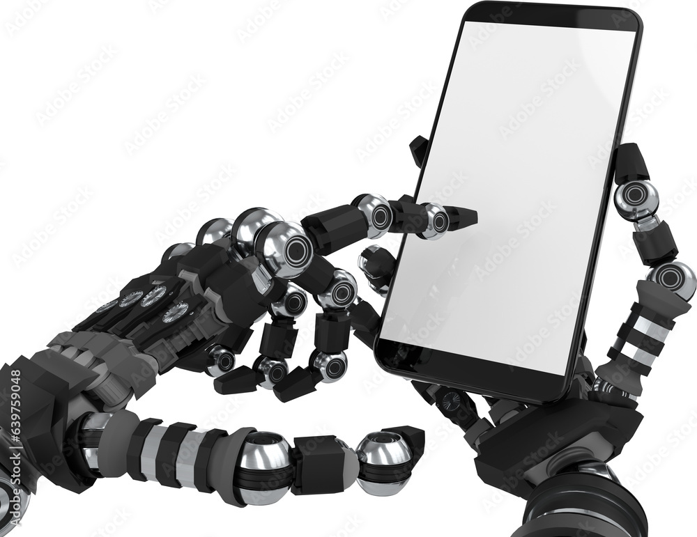 Poster digital png illustration of robotic hands using smartphone with copy space on transparent background