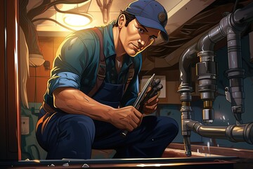 skilled plumber working under a sink, fixing pipes and connections with tools in hand, ensuring proper water flow,Generated with AI - obrazy, fototapety, plakaty