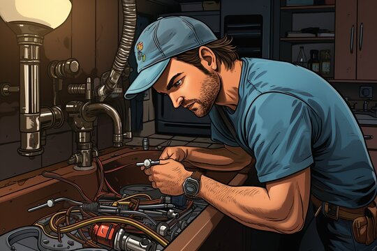 skilled plumber working under a sink, fixing pipes and connections with tools in hand, ensuring proper water flow,Generated with AI