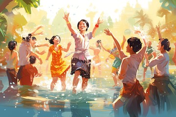 Songkran festival in Thailand, featuring joyful people celebrating the Thai New Year by splashing water and participating,Generated with AI - obrazy, fototapety, plakaty