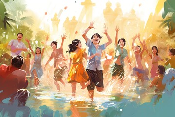 Songkran festival in Thailand, featuring joyful people celebrating the Thai New Year by splashing water and participating,Generated with AI - obrazy, fototapety, plakaty