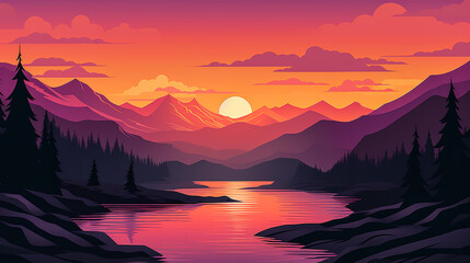 A wallpaper background of a breathtaking landscape of trees, hills, mountains, reiver, sun during sunrise or sunset, wallpaper illustration in flat vector style. Digital illustration generative AI.