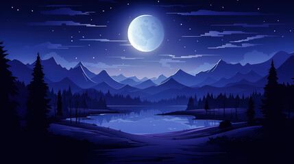 A wallpaper background of A breathtaking landscape of trees, hills, mountains, lake, moon and stars during night time, wallpaper illustration in flat vector style. Digital illustration generative AI.