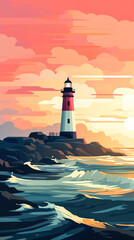 A wallpaper background for your phone. A breathtaking landscape of trees, hills, mountains, reiver, sun during sunrise or sunset, illustration in flat vector style. Digital illustration generative AI.