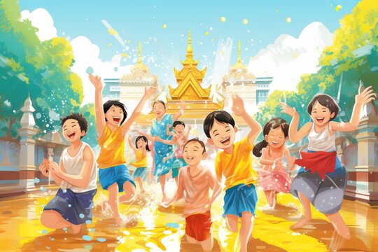 Songkran festival in Thailand, featuring joyful people celebrating the Thai New Year by splashing water and participating,Generated with AI