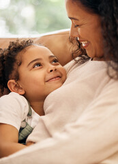 Love, woman and child embrace on sofa, bonding and smile together in living room of home. Relax,...