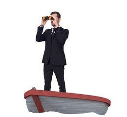 Digital png photo of caucasian businessman using binoculars on boat on transparent background
