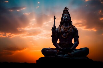 back lit statue of hindu god lord shiva in meditation posture with dramatic sky from unique angle, Generative AI - obrazy, fototapety, plakaty