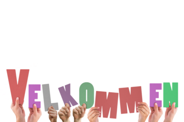 Digital png illustration of hands and velkommen text on transparent background