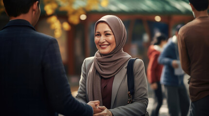 Businesswoman in a headscarf and in a suit smiles to business partners - obrazy, fototapety, plakaty
