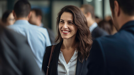 Businesswoman in a suit smiles and says hello to business partners