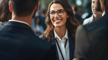 Businesswoman in a suit and eyeglasses smiles to business partners - obrazy, fototapety, plakaty