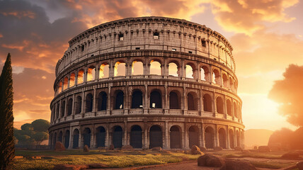 Naklejka premium Rome, Italy. The Colosseum or Coliseum at sunrise generative ai