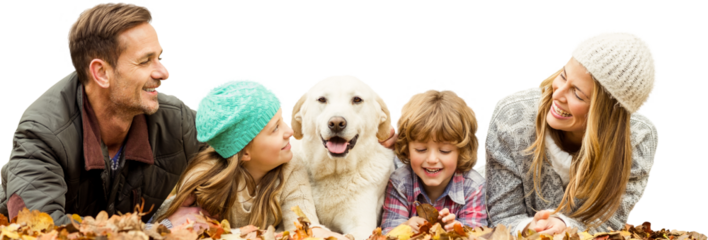 Digital png photo of caucasian family with dog on fall leaves on transparent background