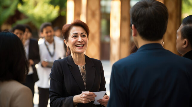 Businesswoman in a suit smiles and says hello to business partners