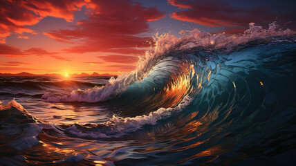 Rough colored ocean wave falling down at sunset time,genearative ai