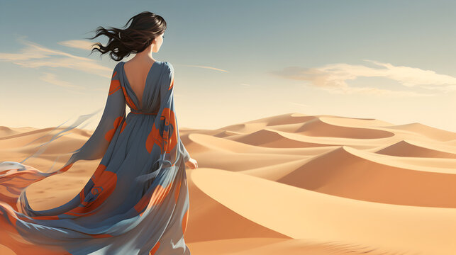 Picturesque woman in desert flowing silk dress gorgeous