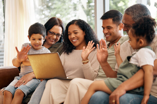 Tablet, Video Call And Family With Happy Wave And Smile On A Living Room Sofa At Home. Mother, Dad And Children Together With Online Communication Of Parents And Kids With Discussion On Web App