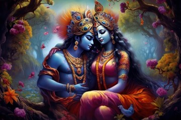 Divine love story of Hindu gods Radha and Krishna through a contemporary art, Generative AI