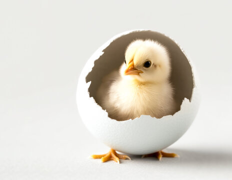 small yellow chicken in a shell on a light background. postcard with copy space, easter concept. 