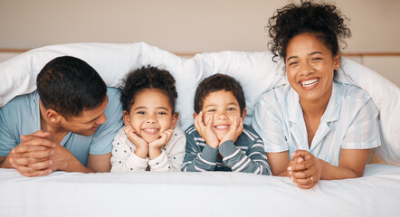 Smile, love and portrait with family in bedroom for playful, morning and happy. Care, support and...