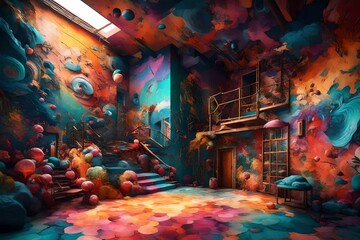 a captivating 3D rendering scene of a wall painting that transports viewers to surreal and...