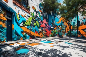  an energetic 3D rendering scene of a wall painting showcasing dynamic urban street art.