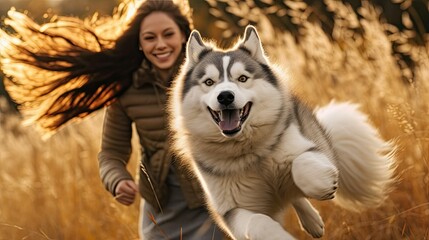  girl and dog running joyfully on a autumn field, meadow.
