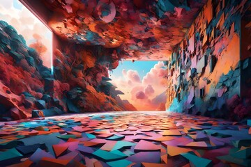 a captivating 3D rendering scene of a wall painting that transports viewers to surreal and imaginative dreamscapes.