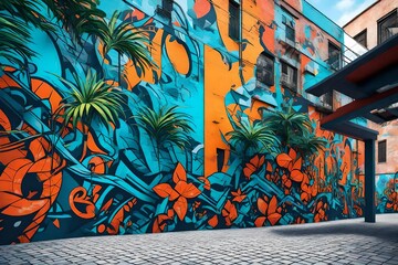  an energetic 3D rendering scene of a wall painting showcasing dynamic urban street art.