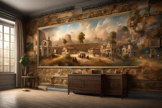  A Detailed 3D Rendering Scene Of A Wall Painting Depicting Scenes From A Historical Era.