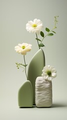 three white bottles of food and flowers made of rocks