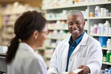 well-stocked pharmacy, attentive staff assist customers with their medication needs. Generated with AI - Powered by Adobe