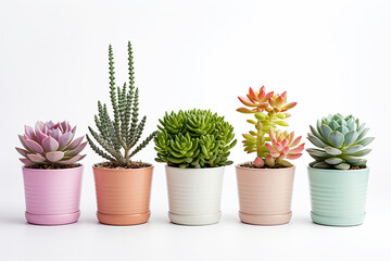 Beatiful succulent plants in pots on white background