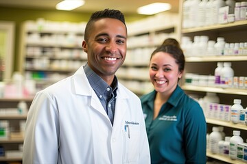 well-stocked pharmacy, attentive staff assist customers with their medication needs. Generated with AI