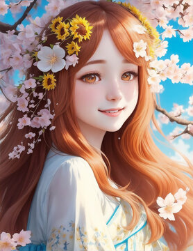 beautiful japanese girl cherry blossom background beautiful woman portrait, generative ai