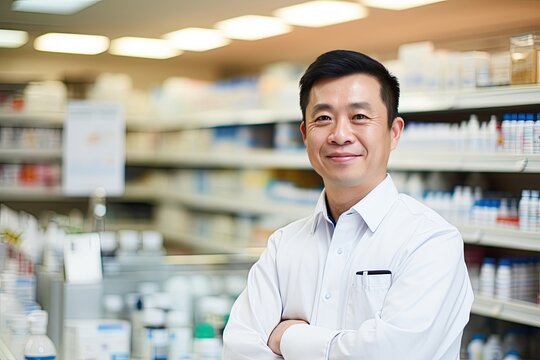 well-stocked pharmacy, attentive staff assist customers with their medication needs. Generated with AI