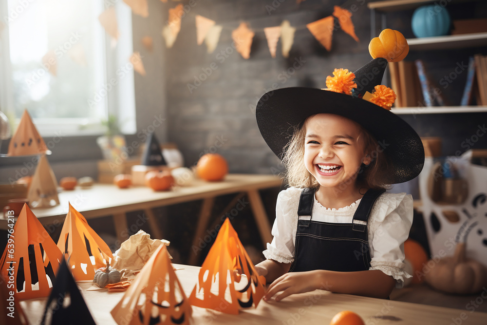 Wall mural happy laughing girl making paper halloween pumkin in classroom