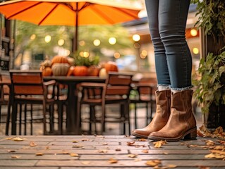 close-up woman's foot and legs , her autumnal fashion ensemble softly defocused