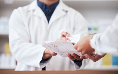 Healthcare, pharmacy and prescription medicine in hand of customer with paper, box or rx medication. Closeup of pharmacist or medical staff with person for pharmaceutical product at retail drugstore - obrazy, fototapety, plakaty